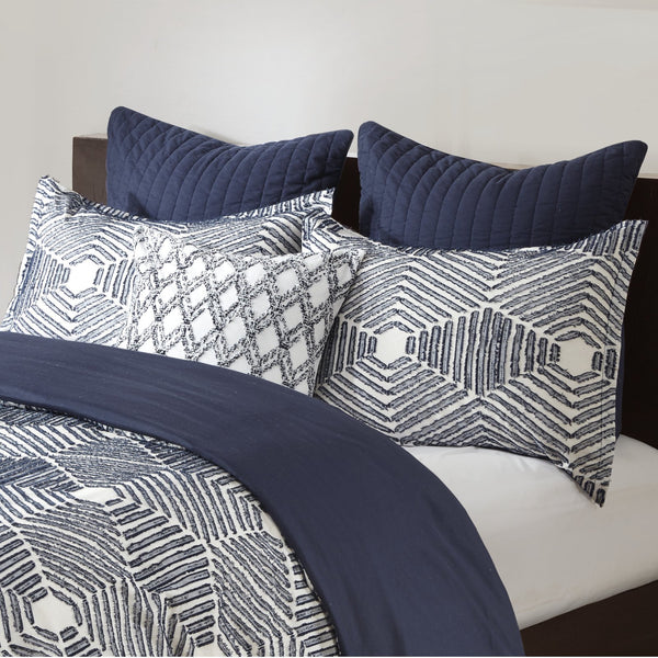 English Elm King/Cal Ellipse Cotton Jacquard Duvet Cover Set - Navy Geometric Clipped Jacquard, OEKO-TEX, Reversible B035129132