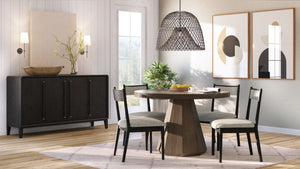 English Elm Round Expandable Dining Table with Pedestal Base, Solid Wood & Mindi Veneer, Elegant Sand Finish Light Brown 58 L x 58 W x 5.75 H B2699S00048