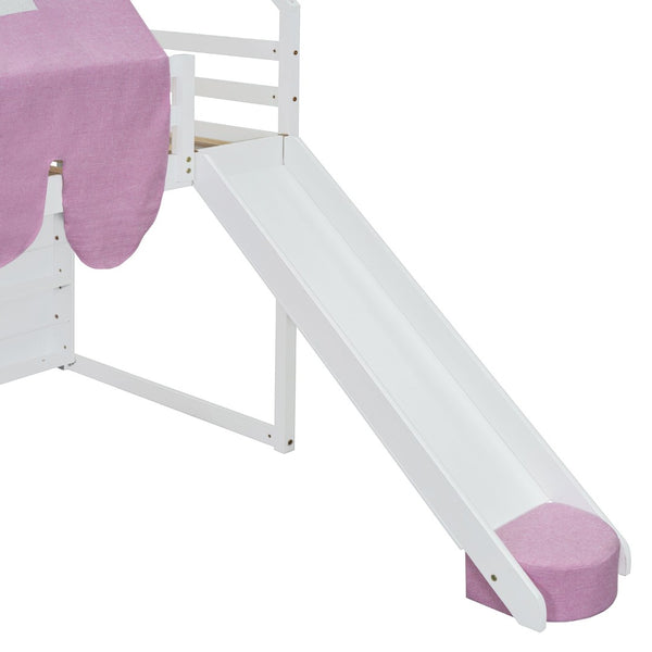 English Elm Twin House Loft Bed with Tent Canopy Slide and Shelves Pinewood Kids Frame White LT000682AAK