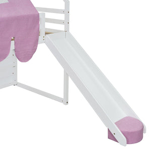 English Elm Twin House Loft Bed with Tent Canopy Slide and Shelves Pinewood Kids Frame White LT000682AAK-1