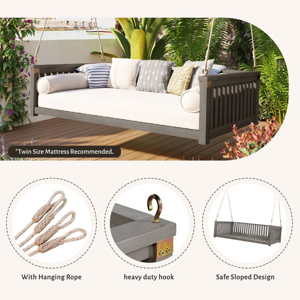 English Elm Topmax Acacia Wood Porch Swing Bed Sloped Frame Outdoor Lounger for Backyard Patio Gray WF319383AAE