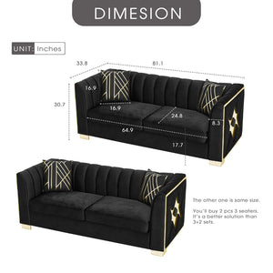 English Elm 81" Tufted Velvet Chesterfield Sofa with Gold Steel Legs for Elegant Living Rooms Black W1191S00072