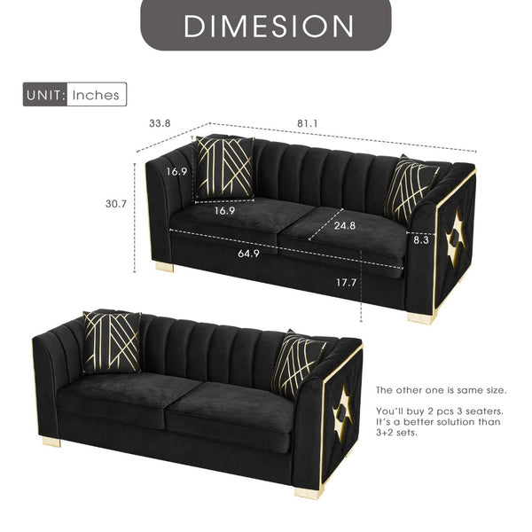English Elm 81" Tufted Velvet Chesterfield Sofa with Gold Steel Legs for Elegant Living Rooms Black W1191S00072