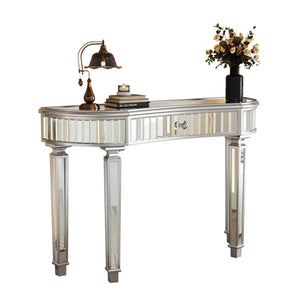 English Elm 47" Half-Moon Mirrored Console Table with Fluted Glass Panels, Crystal Knob Drawer, Chic Vanity Desk Grey+Silver W1445P322849