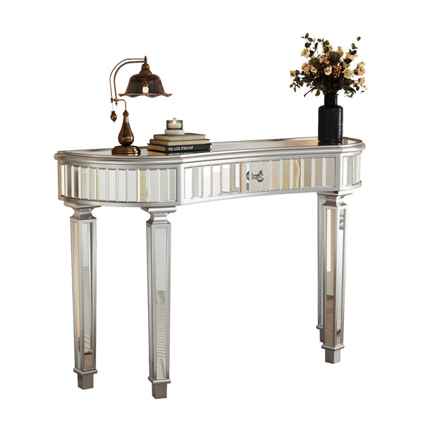 English Elm 47" Half-Moon Mirrored Console Table with Fluted Glass Panels, Crystal Knob Drawer, Chic Vanity Desk Grey+Silver W1445P322849