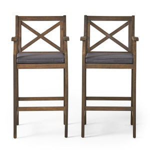 English Elm Christopher Knight Home® - PERLA Acacia Wood Outdoor Barstool Set of 2 with Water-Resistant Cushions, Cross-Back Farmhouse Charm Grey 63748.00GGRY