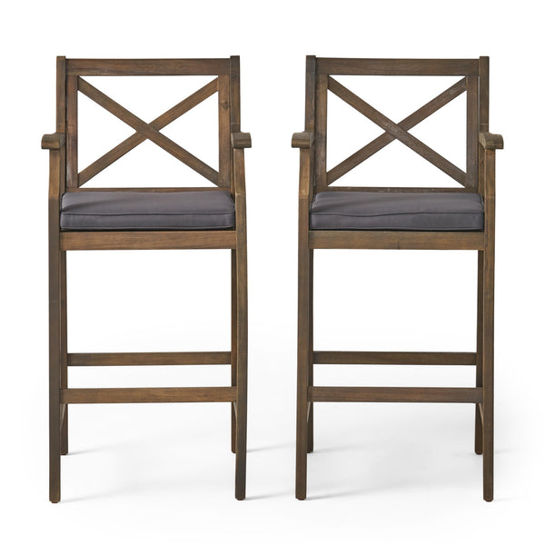 English Elm Christopher Knight Home® - PERLA Acacia Wood Outdoor Barstool Set of 2 with Water-Resistant Cushions, Cross-Back Farmhouse Charm Grey 63748.00GGRY