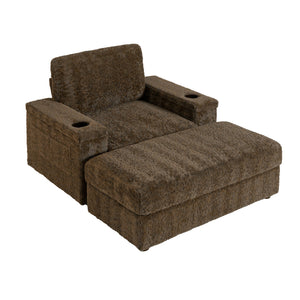 English Elm 42" Oversized Chaise Lounge with Plush Faux Rabbit Fur, Hidden Arm Storage, Cup Holder, Convertible Sleeper Brown N723P232726D