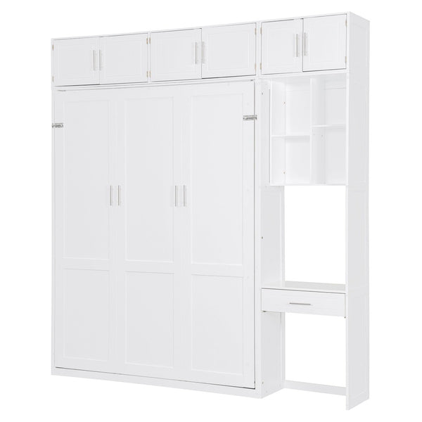English Elm Queen Murphy Bed with Integrated Desk Cabinet Shelves Space Saving Studio Solution White N708S00021K-1