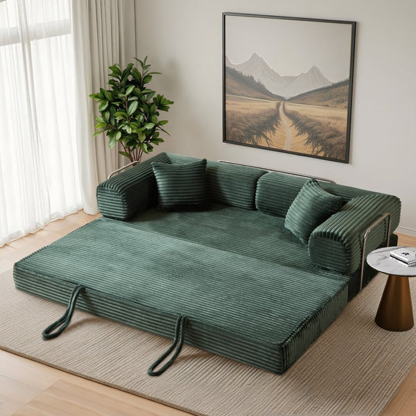 English Elm Compression Foldable Floor Sofa Bed Corduroy Futon with Foam Support for Small Spaces Green W3716P379189