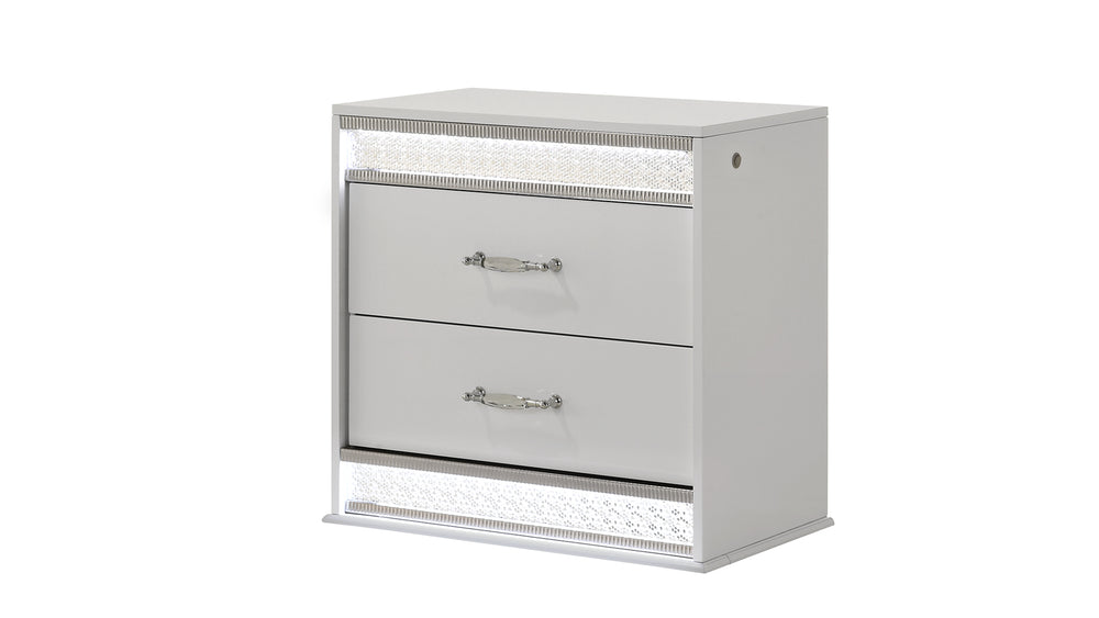 English Elm Glam Modern 2-Drawer Nightstand with LED Edge Lighting, Red Velvet Lined Top Drawer, Crystal Accents G150108644