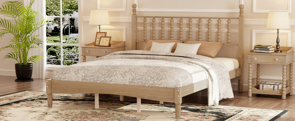 English Elm Queen Wood Platform Bed with Gourd-Shaped Headboard, Retro-Inspired Solid Frame, Slat Support, Sturdy Elegance Natural 64.8 L x 17.5 W x 9.5 H N733P206242M