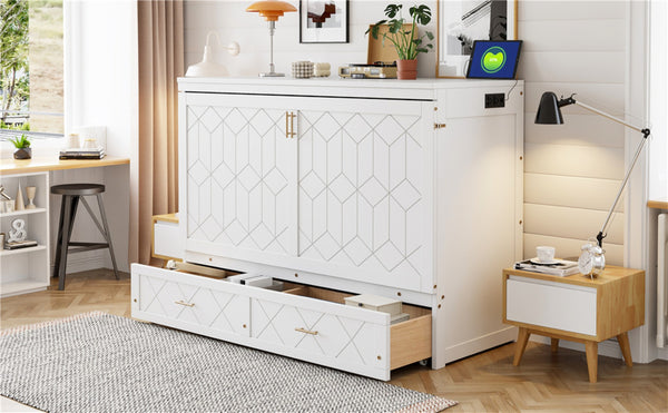English Elm Queen Murphy Wall Bed Cabinet with Storage Drawer Built-in Power Outlets Usb Ports White LP000400AAK-1