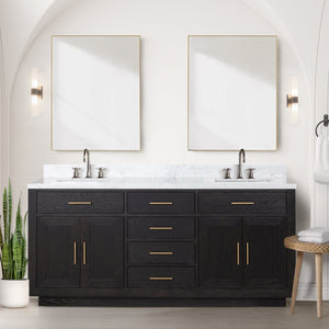 English Elm Black Oak Double Bath Vanity 72" W With Carrara Marble Top, Chrome Faucets & 34" Mirrors Included B2731S02175