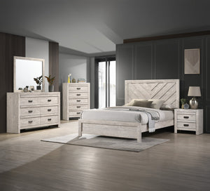 English Elm 1pc Contemporary Five-Drawer Chest with Wood Grain Finish, Slim Profile Storage Solution for Bedroom Beige Gray+White 61.16 L x 18.19 W x 41.81 H B011P368146