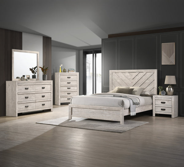English Elm 1pc Contemporary Five-Drawer Chest with Wood Grain Finish, Slim Profile Storage Solution for Bedroom Beige Gray+White 61.16 L x 18.19 W x 41.81 H B011P368146