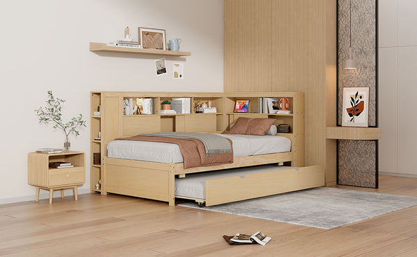 English Elm Twin Daybed with Built-In Shelves, USB Port & Trundle — Solid Pine Frame, Sturdy Storage and Smooth Wheels for Space-Saving Sleep Solutions Natural GX000467AAN