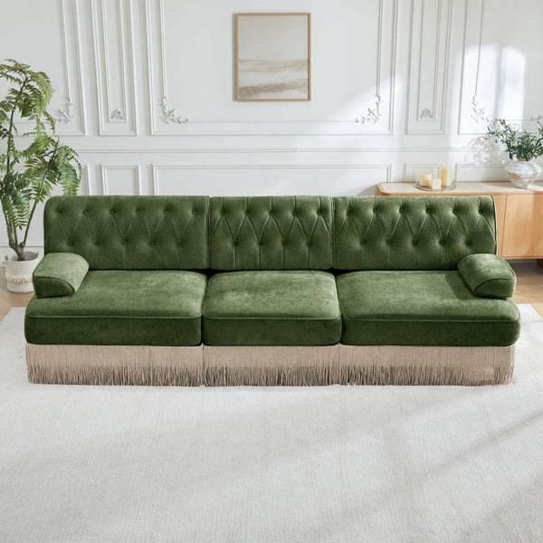 English Elm 3-seater Velvet Tufted Sofa with Tassel Fringe Skirt French Luxe Living Room Seating Green W714S01705