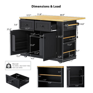 English Elm 48 Inch Rolling Kitchen Island Drop Leaf Prep Cart with Power Outlets and Open Shelving Black N707S257057B