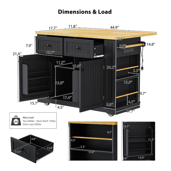 English Elm 48 Inch Rolling Kitchen Island Drop Leaf Prep Cart with Power Outlets and Open Shelving Black N707S257057B