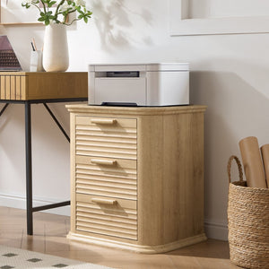 English Elm 22" Fluted Wood Nightstand with Built-in Charging Station Three Drawer Bedside Storage Oak T5326P431150