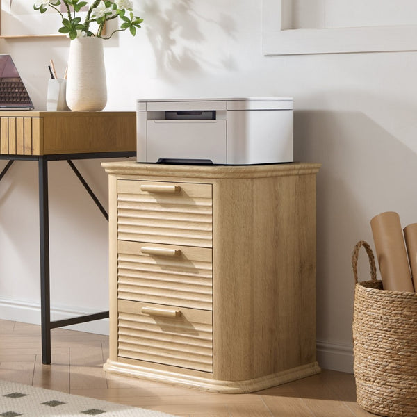 English Elm 22" Fluted Wood Nightstand with Built-in Charging Station Three Drawer Bedside Storage Oak T5326P431150