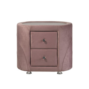English Elm 1pc Pink Velvet Nightstand with Sandblasted Glass Top, Art Deco Two Drawers, Chrome Legs - Luxurious Bedroom Accent B2741P321723