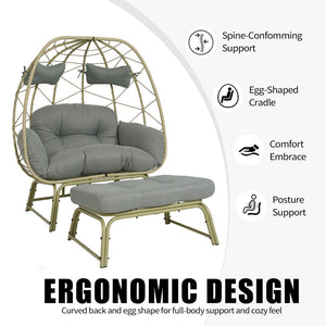 English Elm Double Wicker Egg Chair with Ottoman Bohemian Rattan Outdoor Lounge for Patio T5880P501482