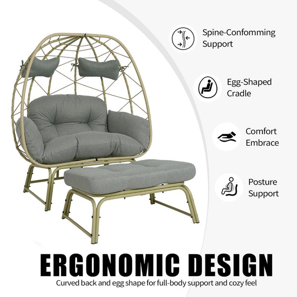 English Elm Double Wicker Egg Chair with Ottoman Bohemian Rattan Outdoor Lounge for Patio T5880P501482
