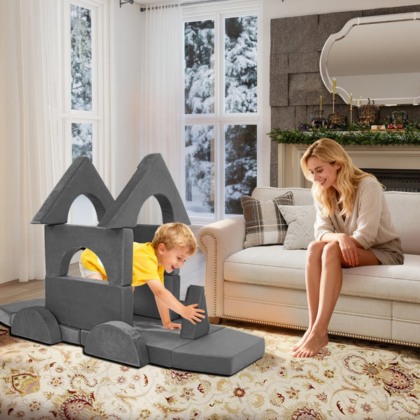 English Elm 15pcs Modular Toddler Play Couch Set Velvet Foam Fort Building Playroom Seating Dark Gray T5880P493415