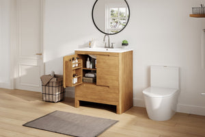 English Elm [video] 30 Inch Freestanding Bathroom Vanity Pine Legs Ceramic Sink Soft Close Storage Natural N759P412928N