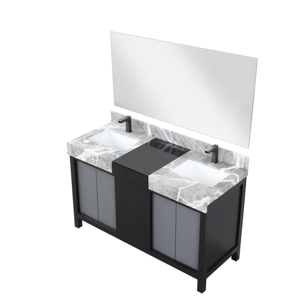 English Elm Black Double Bath Vanity Set With Castle Grey Marble Top, Gun Metal Faucet & 53" Mirror – Stylish & Durable! B2731S01026