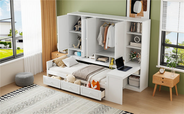 English Elm Twin Size Daybed With Storage Drawers, Desk & Shelves - Stylish Space-Saving Furniture In White N820S00054K-GIGA