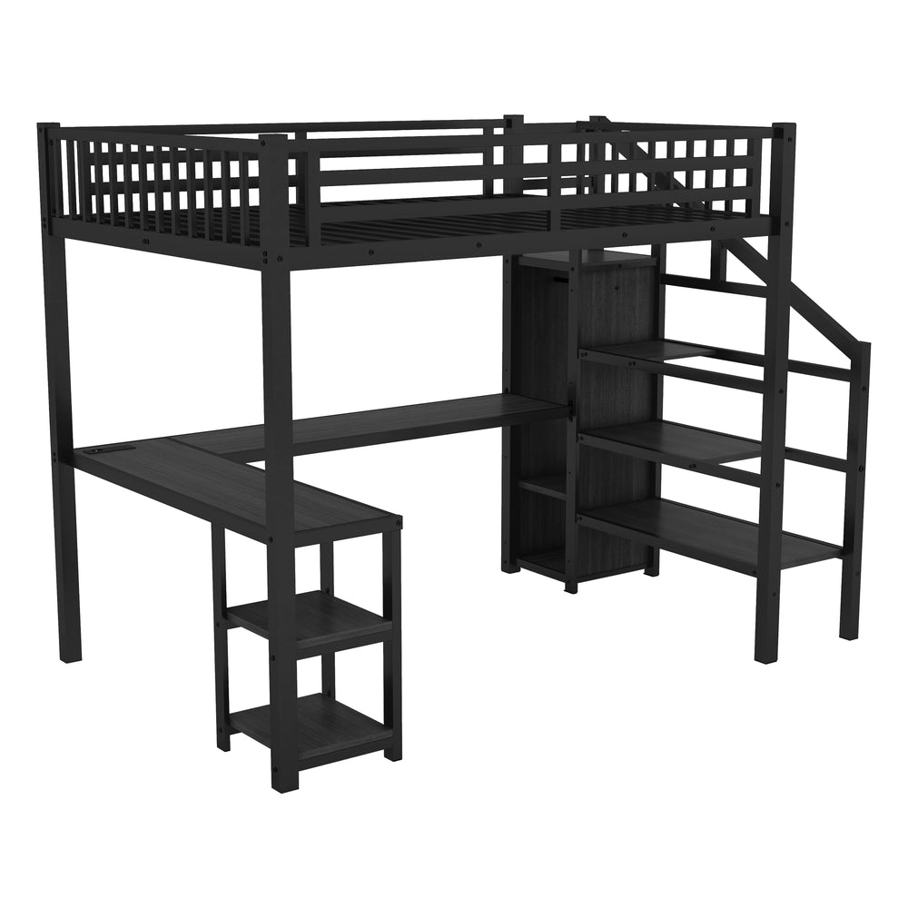 English Elm Metal Full Loft Bed with Wardrobe, LED, L-Desk & USB Ports — Space-Saving Full Size Bunk for Kids Teens Adults W2593S00008