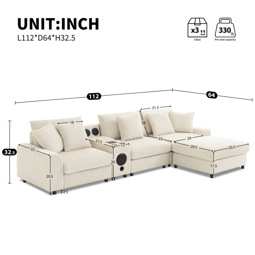English Elm [video]112*64'' Corduroy L-shaped Sectional Cloud Sofa with Bluetooth Console Ottoman Living Room N723S1756A