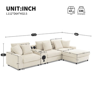 English Elm [video]112*64'' Corduroy L-shaped Sectional Cloud Sofa with Bluetooth Console Ottoman Living Room N723S1756A