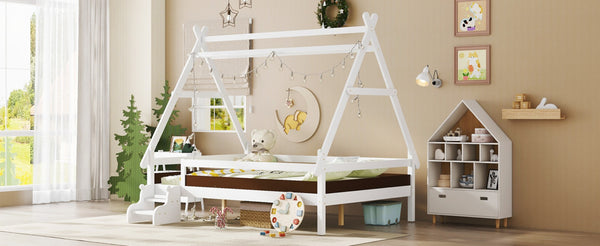 English Elm Twin House Shaped Platform Bed Solid Pine Frame with Built in Stairs for Kids Light White W1580P354720