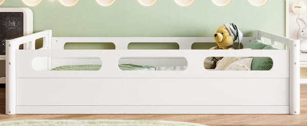 English Elm Twin Low Profile Floor Bed with Guardrails Pine Wood Frame Minimalist Bedroom White W1580P438792