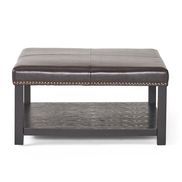 English Elm Christopher Knight Home® - Large Square Ottoman Bench in Brown Faux Leather with Birch Wood Legs, Oversized 35" Seat for Living Room Comfort and Storage 57313.00PU