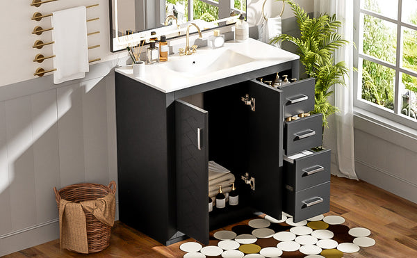 English Elm 36'' Bathroom Vanity with Ceramic Sink Combo Solid Wood Frame Soft-Closing Drawers Ample Storage Elegance Black N710P243327B