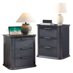 English Elm 22" Fluted Wood Nightstand with Built-in Charging Station Three Drawer Bedside Storage Black Woodgrain T5326P431147