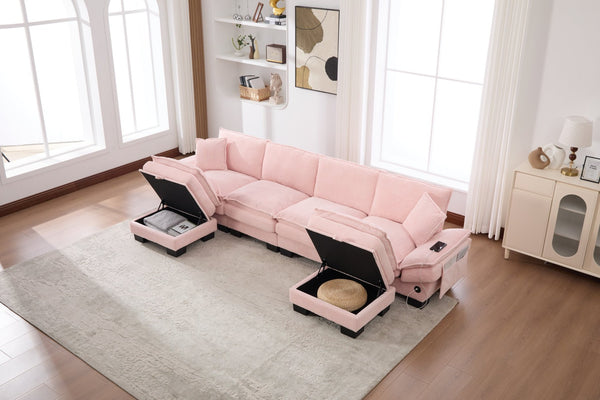 English Elm Sectional Modular Cloud Sofa Deep Corduroy Upholstered Comfort for Living Room Studio Pink W395S00134