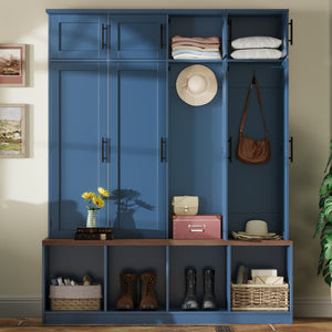 English Elm [Assembly Farmhouse Hall Tree with Walnut Bench & 8 Cabinets, 4 Hooks, Shoe Storage and Anti-Tip Design Blue N721P286082C