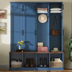 English Elm Farmhouse Hall Tree with Triple Arch Back Panel Eight Hooks Drawers and Entryway Bench Blue N721S000059C-1