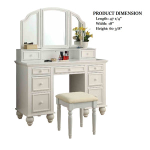 English Elm Transitional Glam Mirrored Vanity with Padded Stool, Spacious Drawers, Central Mirror for Prep and Storage White 51 L x 21 W x 30 H B2741P400803