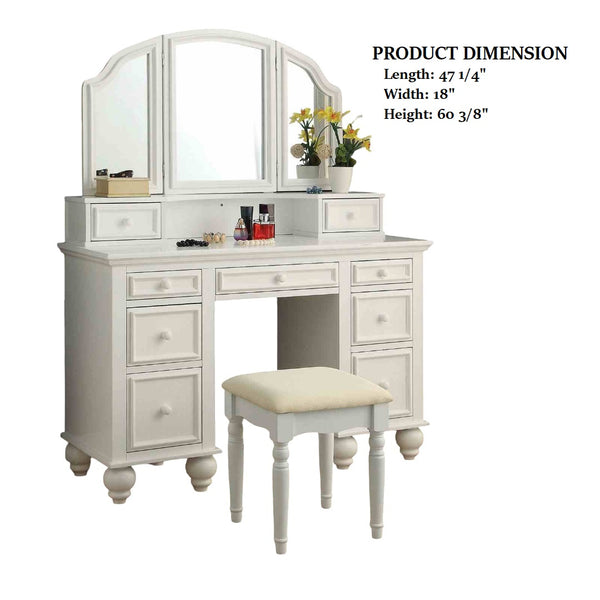 English Elm Transitional Glam Mirrored Vanity with Padded Stool, Spacious Drawers, Central Mirror for Prep and Storage White 51 L x 21 W x 30 H B2741P400803