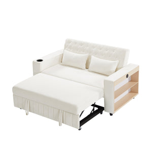 English Elm 61.4" Pull-out Sofa Bed Loveseat with Adjustable 3-Position Backrest, USB Ports, Cup Holders, Storage Rack Beige N719S001900A