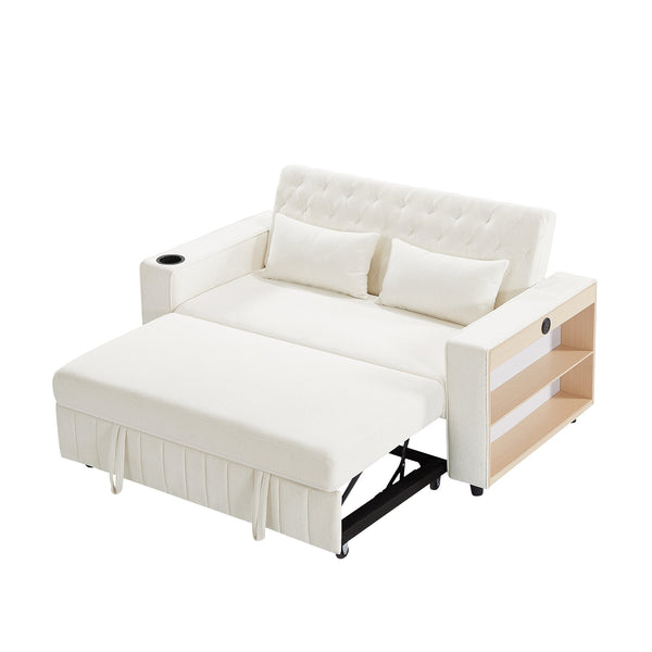 English Elm 61.4" Pull-out Sofa Bed Loveseat with Adjustable 3-Position Backrest, USB Ports, Cup Holders, Storage Rack Beige N719S001900A