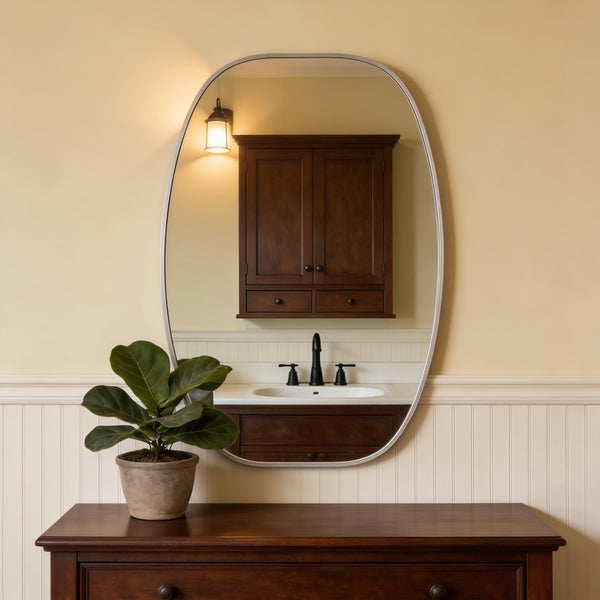 English Elm 24x36 Matte Metal Framed Oval Wall Mirror with Hd Glass for Bath or Entryway Silver W2203P474696