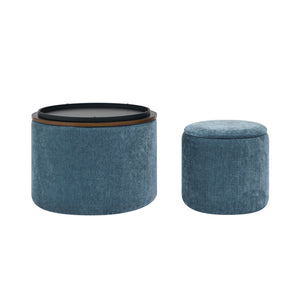 English Elm 2-Piece Round Chenille Storage Ottoman Set with Hidden Compartment and Sturdy MDF Top for Home Decor Dark Blue W487P179600